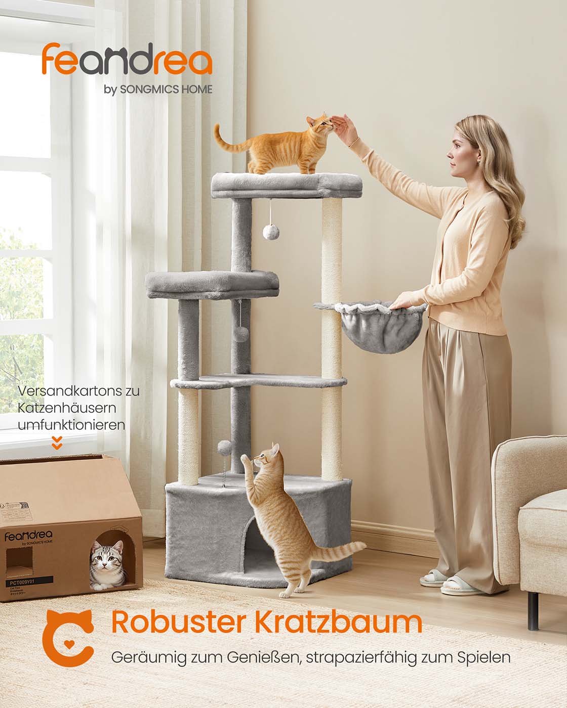 Katzenkratzbaum – mit Korb, Höhle und Spielbällen – 140 cm hoch