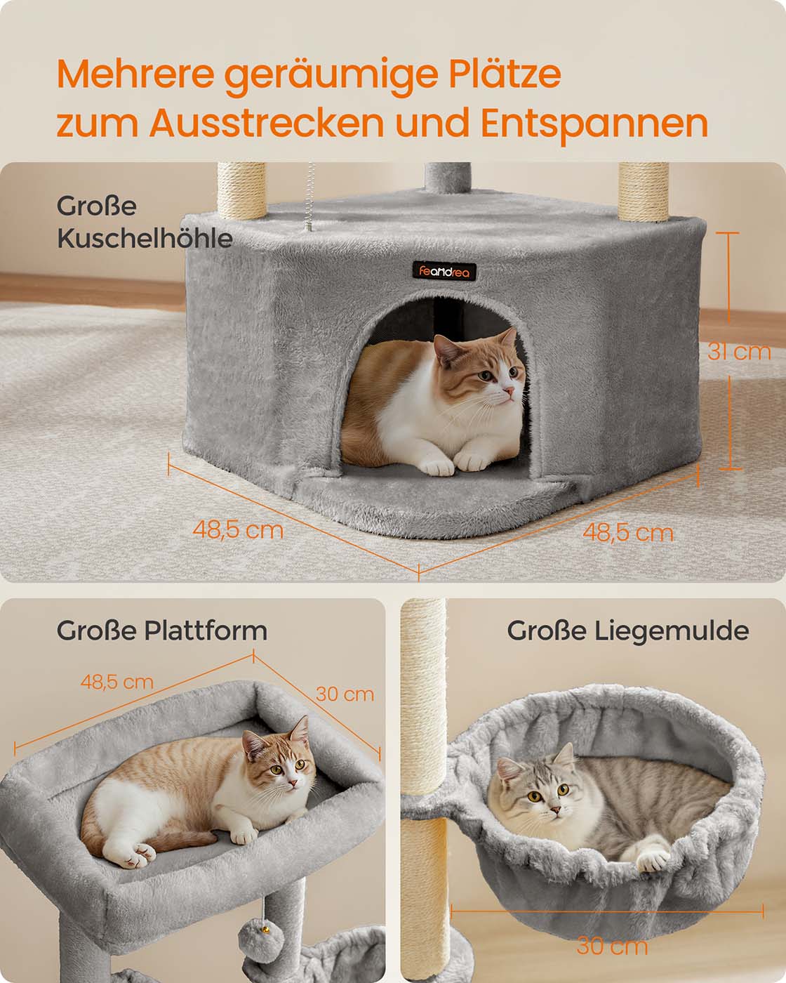 Katzenkratzbaum – mit Korb, Höhle und Spielbällen – 140 cm hoch