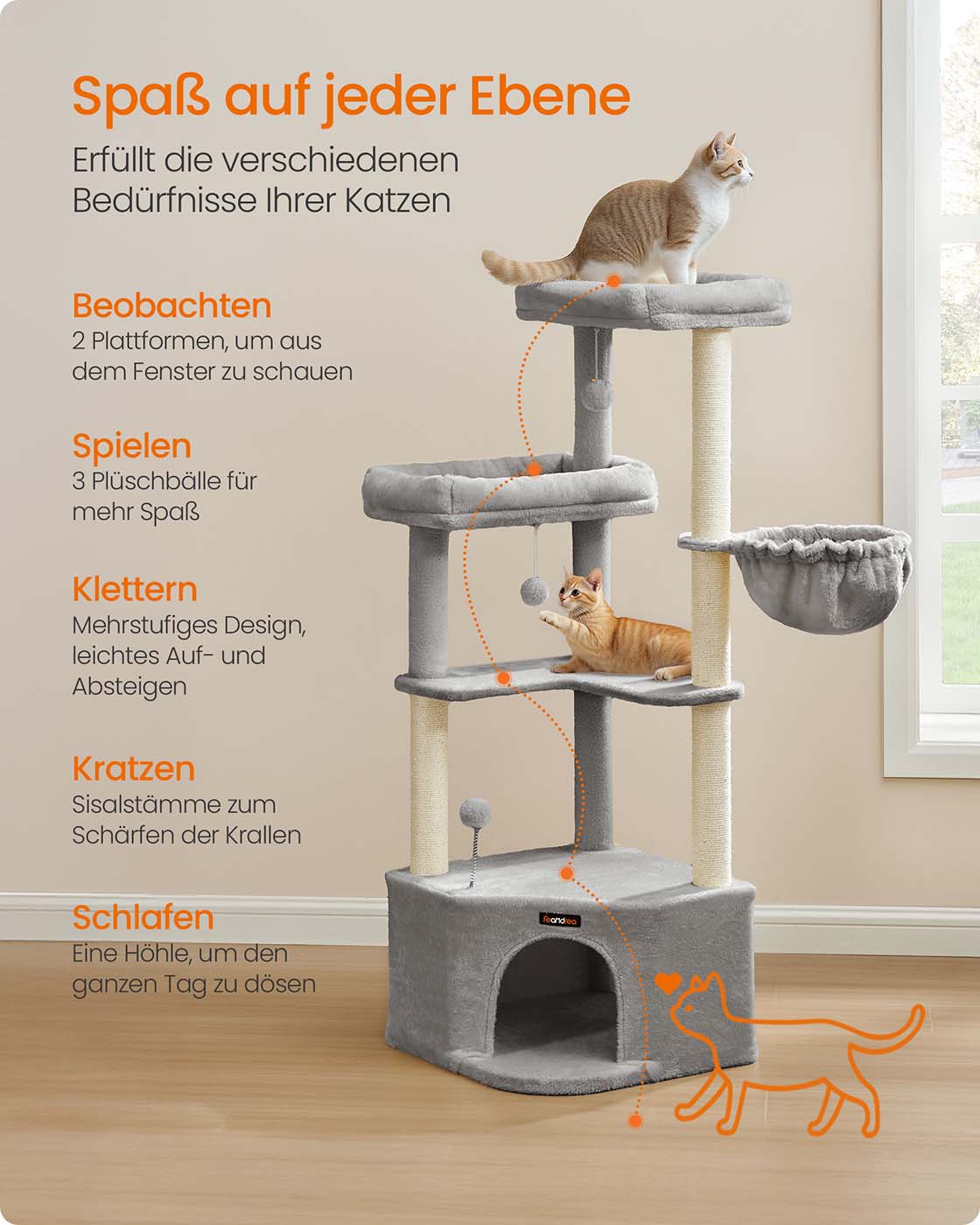 Katzenkratzbaum – mit Korb, Höhle und Spielbällen – 140 cm hoch