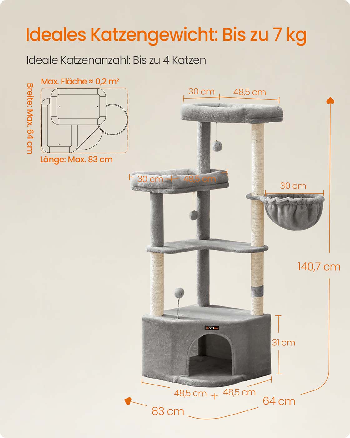Katzenkratzbaum – mit Korb, Höhle und Spielbällen – 140 cm hoch