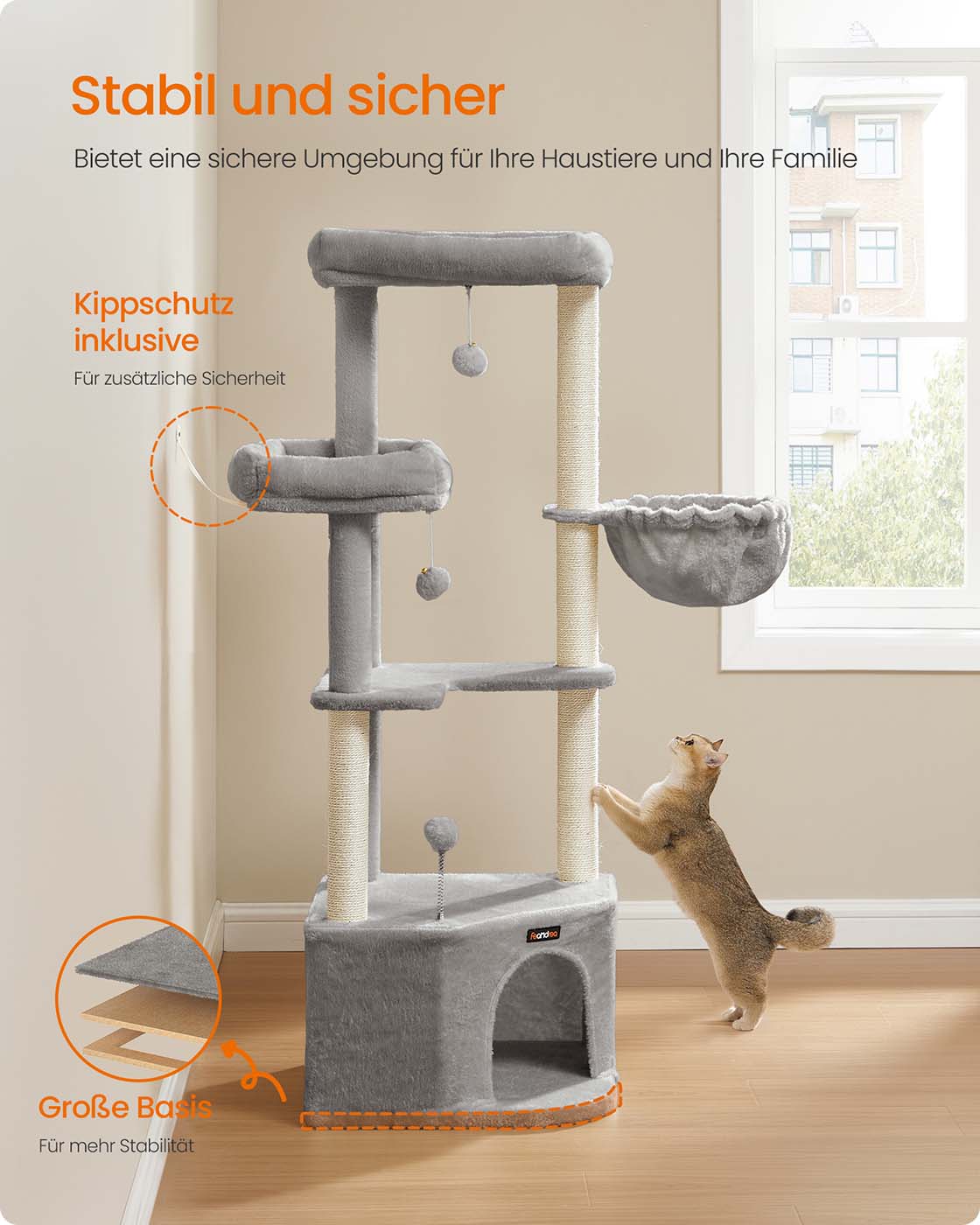 Katzenkratzbaum – mit Korb, Höhle und Spielbällen – 140 cm hoch