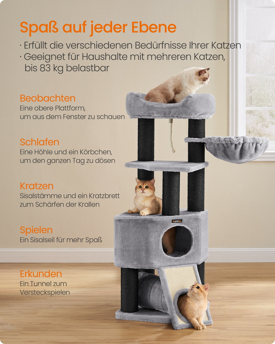 Kratzbaum mit Spieltunnel - Katzenturm mit Hängematte - Katzenbaum mit Plüsch-Liegeflächen