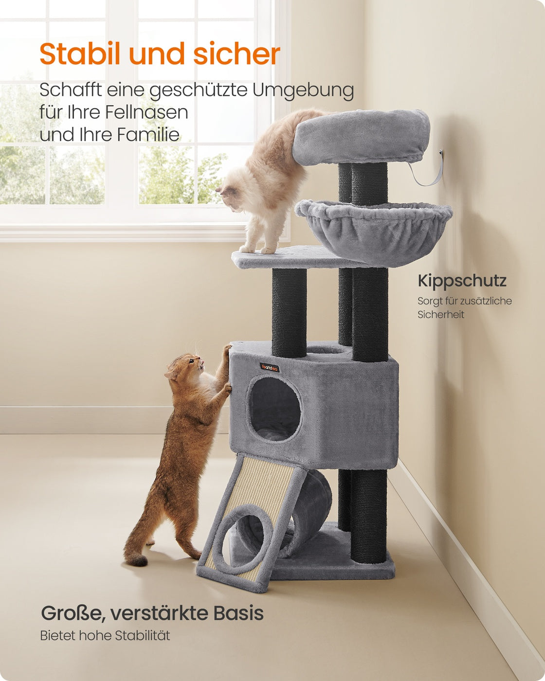 Kratzbaum mit Spieltunnel - Katzenturm mit Hängematte - Katzenbaum mit Plüsch-Liegeflächen