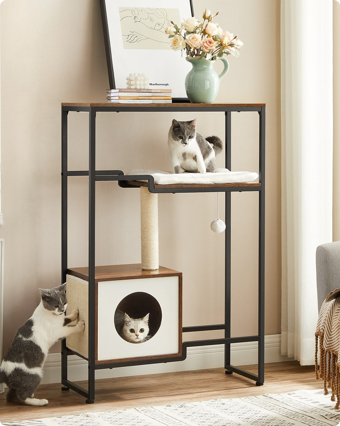Kratzbaumschrank mit Kratzfunktion – Mit Plattform, Kissen, Höhle und Ablageschale – 114 cm hoch