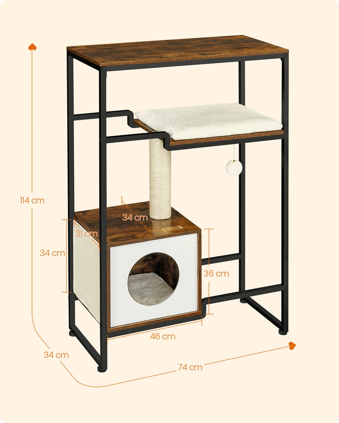 Kratzbaumschrank mit Kratzfunktion – Mit Plattform, Kissen, Höhle und Ablageschale – 114 cm hoch