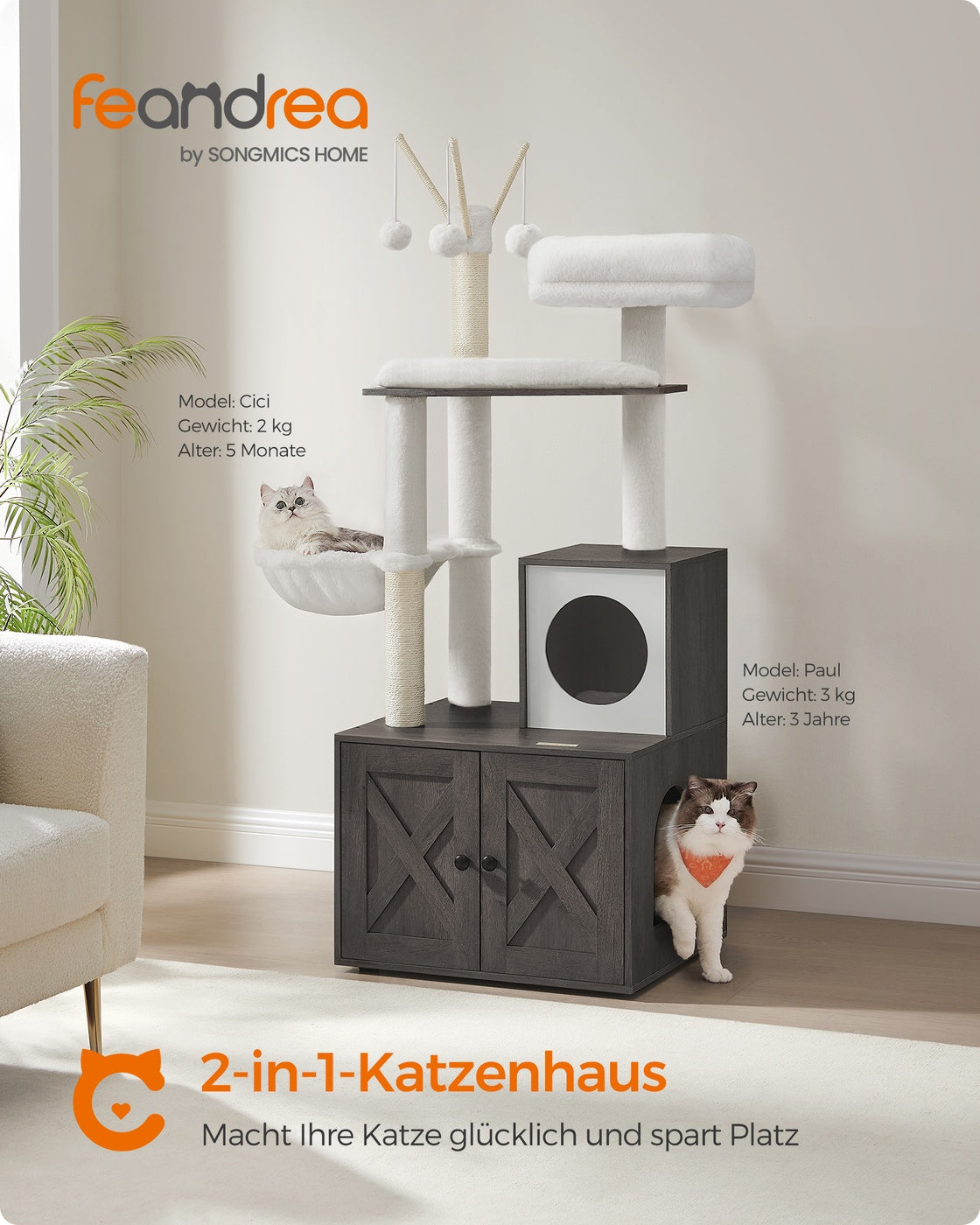 2-in-1 Kratzbaum mit Katzentoiletten-Umbau – All-in-One-Lösung – 140 cm hoch