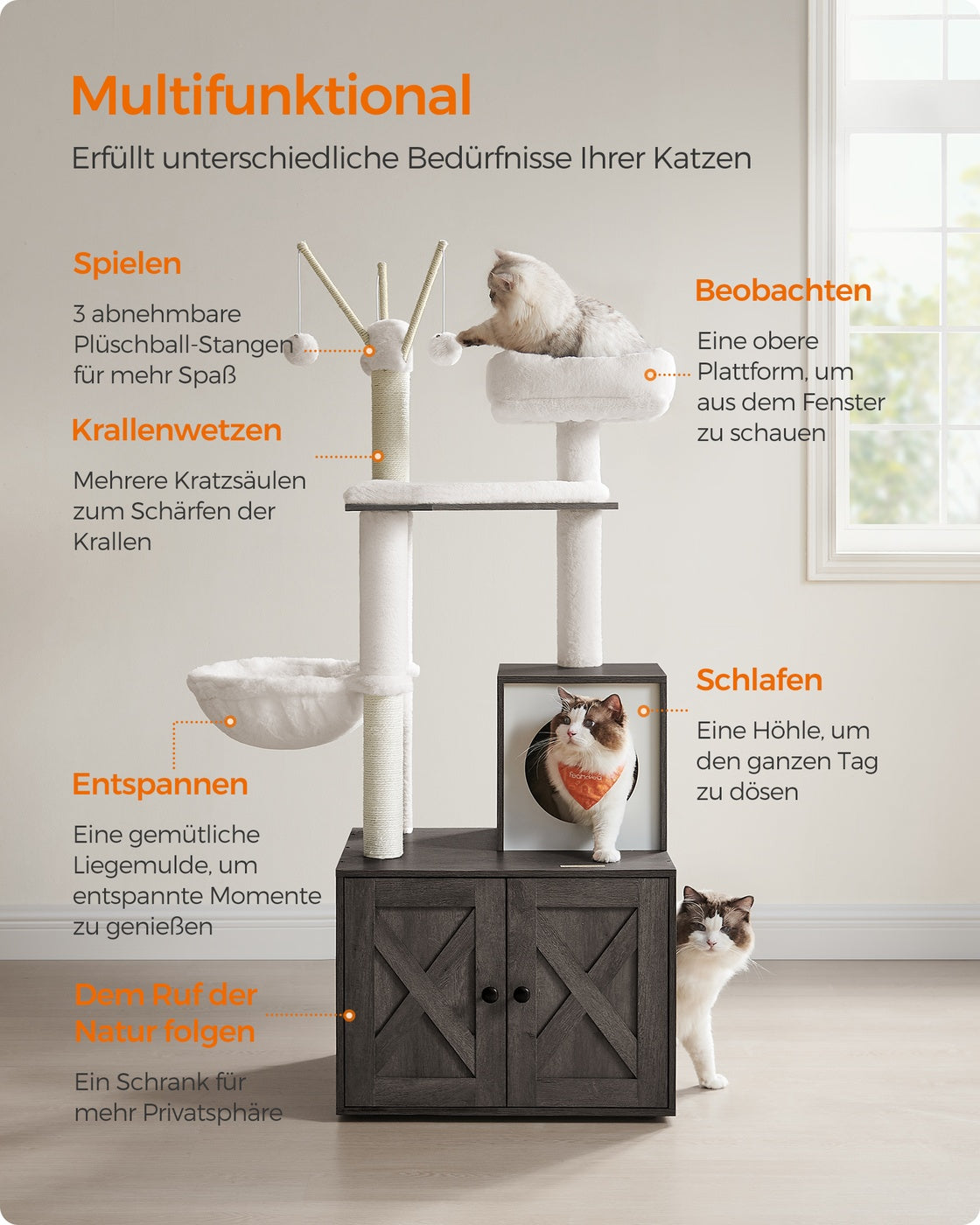 2-in-1 Kratzbaum mit Katzentoiletten-Umbau – All-in-One-Lösung – 140 cm hoch