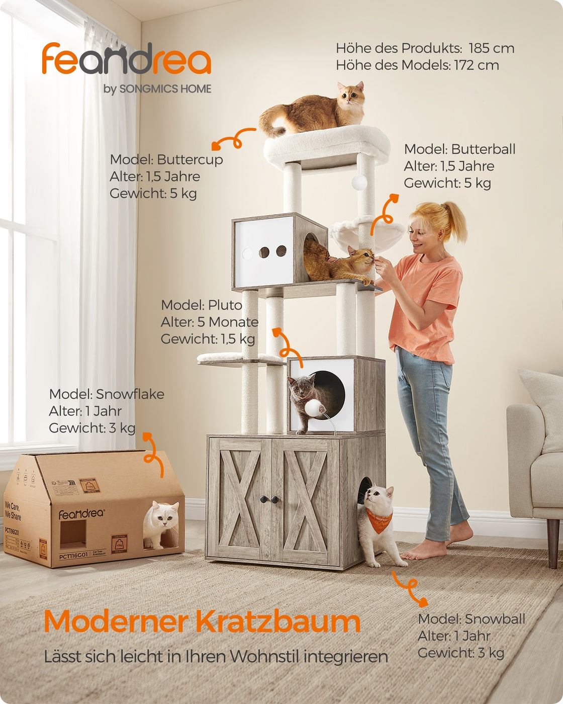 Kratzbaum – Integrierte Katzentoilette – 178 cm Hoch – Spanplatte – Plüsch – Sisal – 100 x 61 x 178 cm