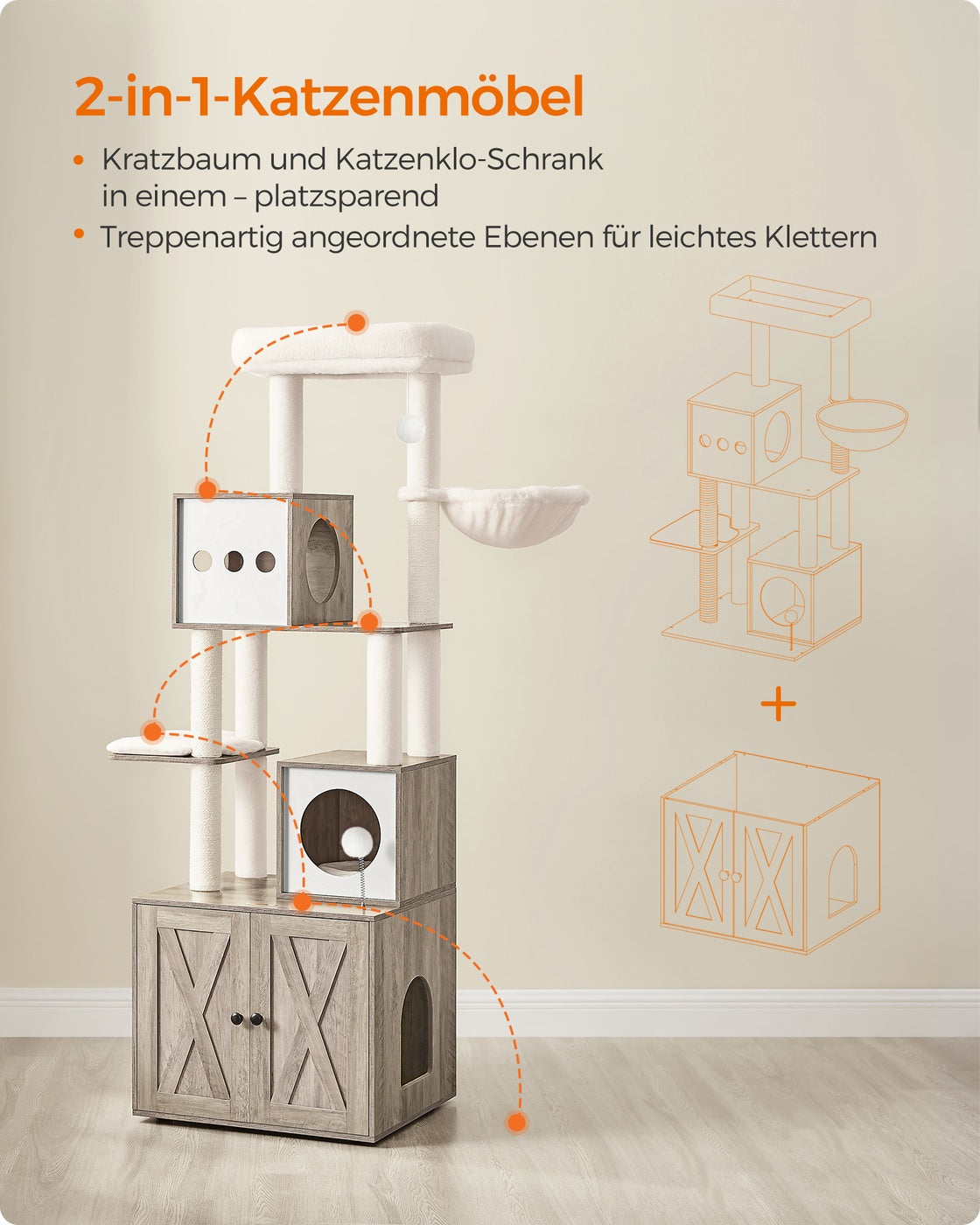 Kratzbaum – Integrierte Katzentoilette – 178 cm Hoch – Spanplatte – Plüsch – Sisal – 100 x 61 x 178 cm
