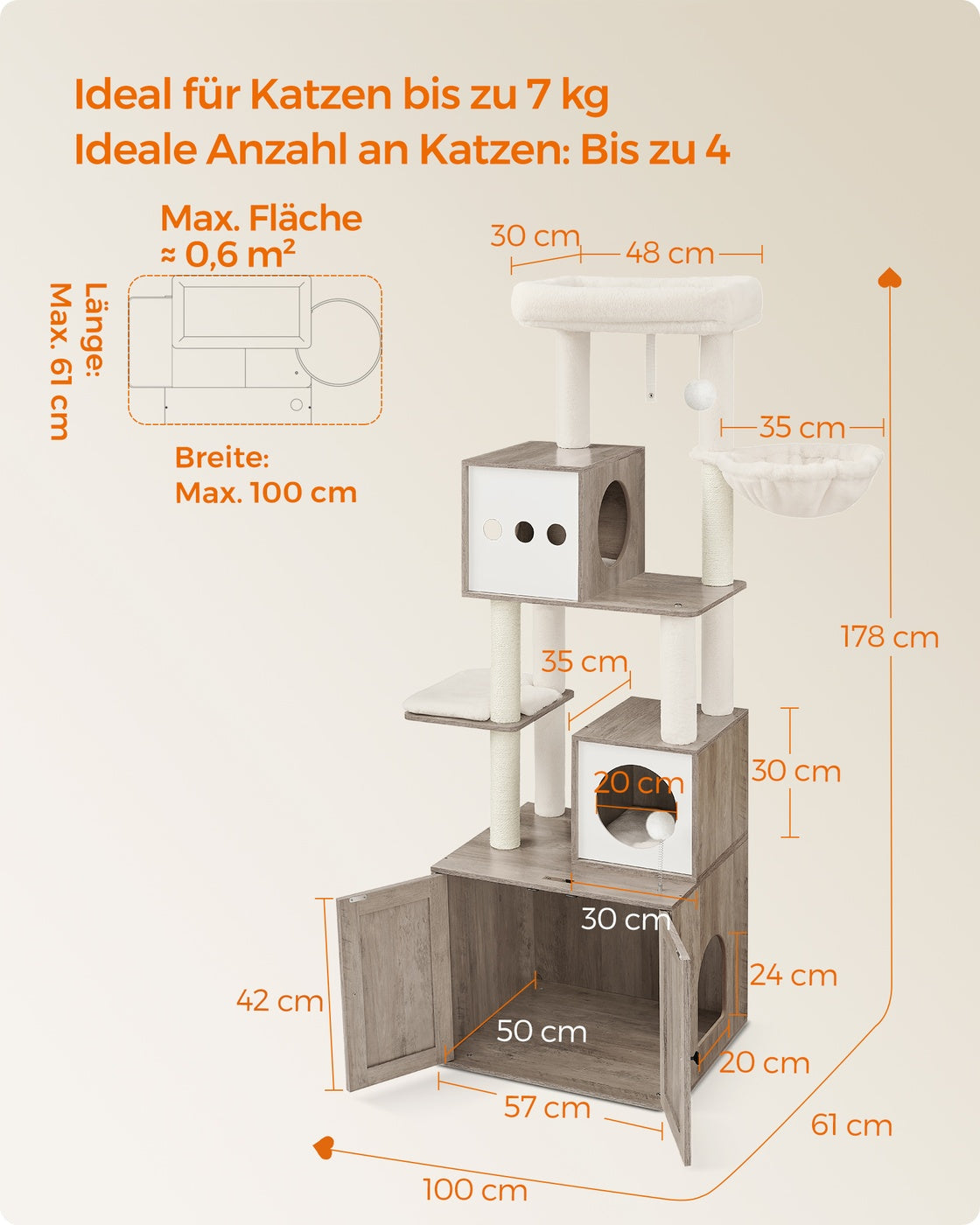 Kratzbaum – Integrierte Katzentoilette – 178 cm Hoch – Spanplatte – Plüsch – Sisal – 100 x 61 x 178 cm