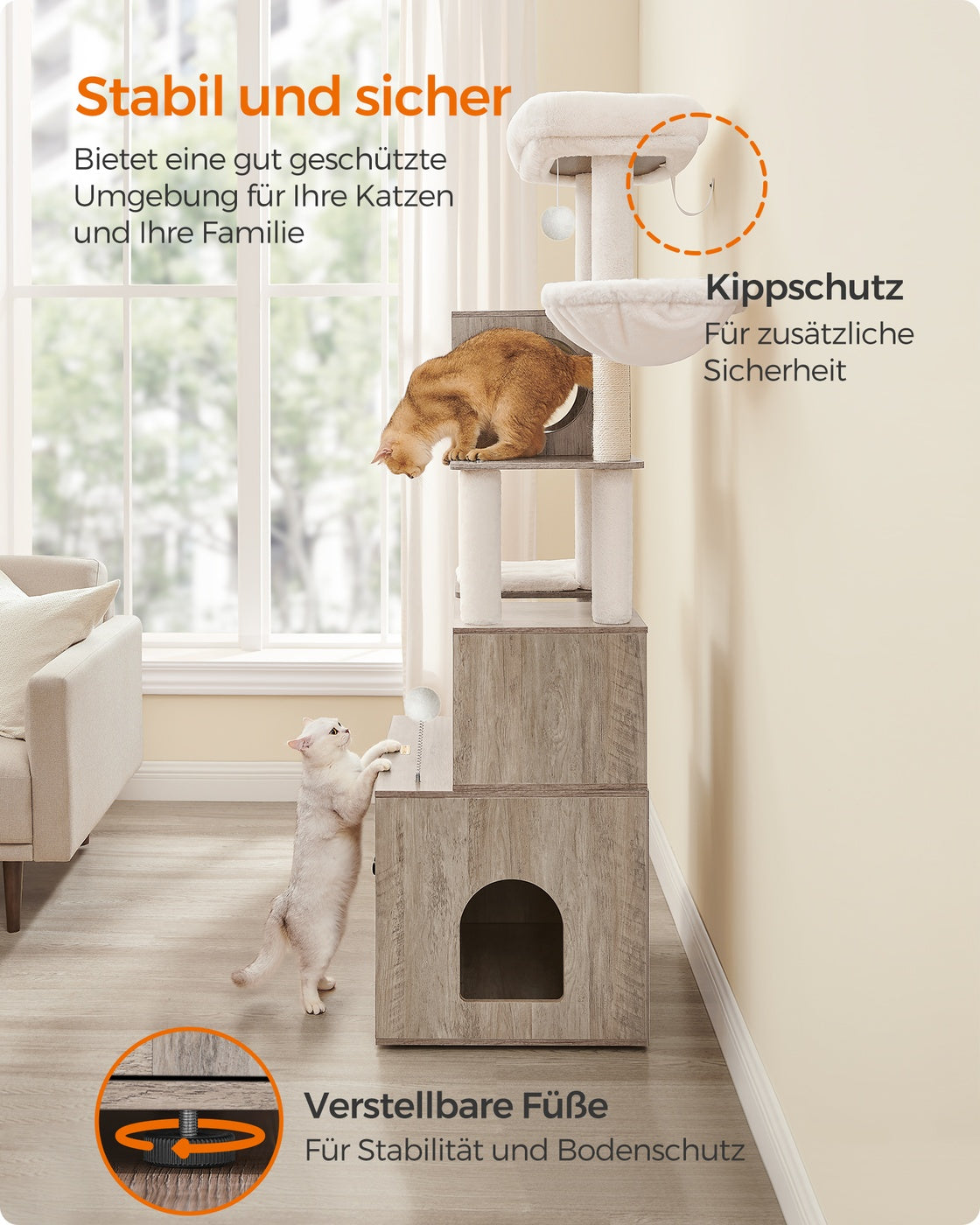 Kratzbaum – Integrierte Katzentoilette – 178 cm Hoch – Spanplatte – Plüsch – Sisal – 100 x 61 x 178 cm
