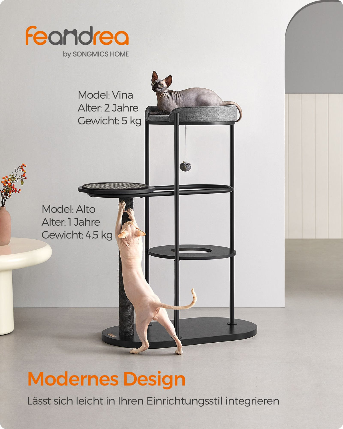 Kratzbaum – 111 cm hoch – Metallrohre – Kissen und Plattform – Sisalstange – Katzenspielball – 80 x 43 cm – Für kleine, große und alte Katzen – Tragkraft 60 kg