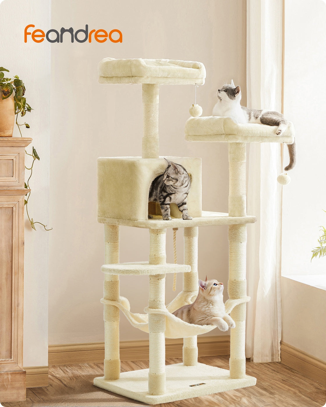 Katzenkratzbaum mit Hängematte und Aussichtsplattformen – Komfortabler und stabiler Kratzturm für 1 bis 2 Katzen