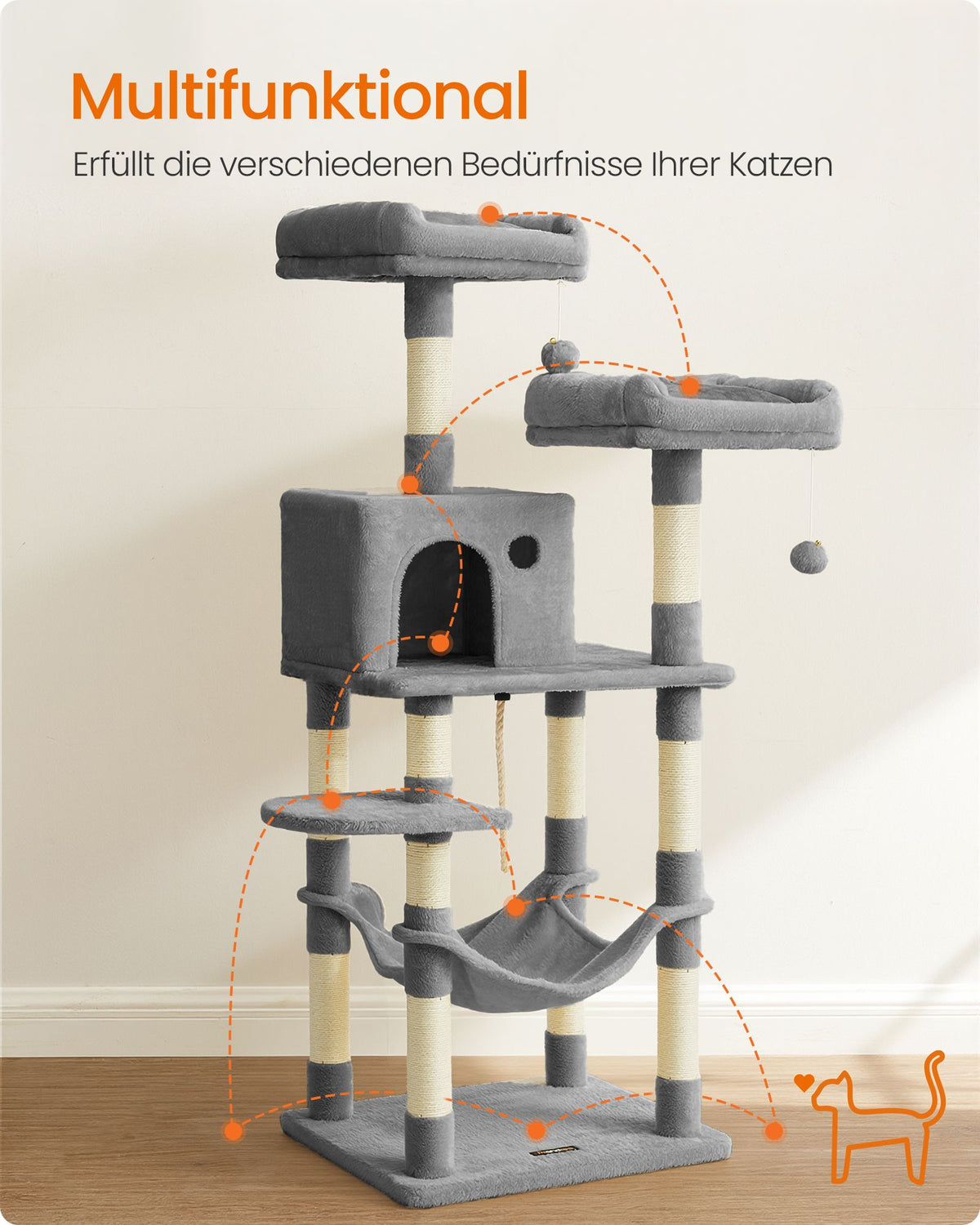 Katzenkratzbaum mit Hängematte und Aussichtsplattformen – Komfortabler und stabiler Kratzturm für 1 bis 2 Katzen