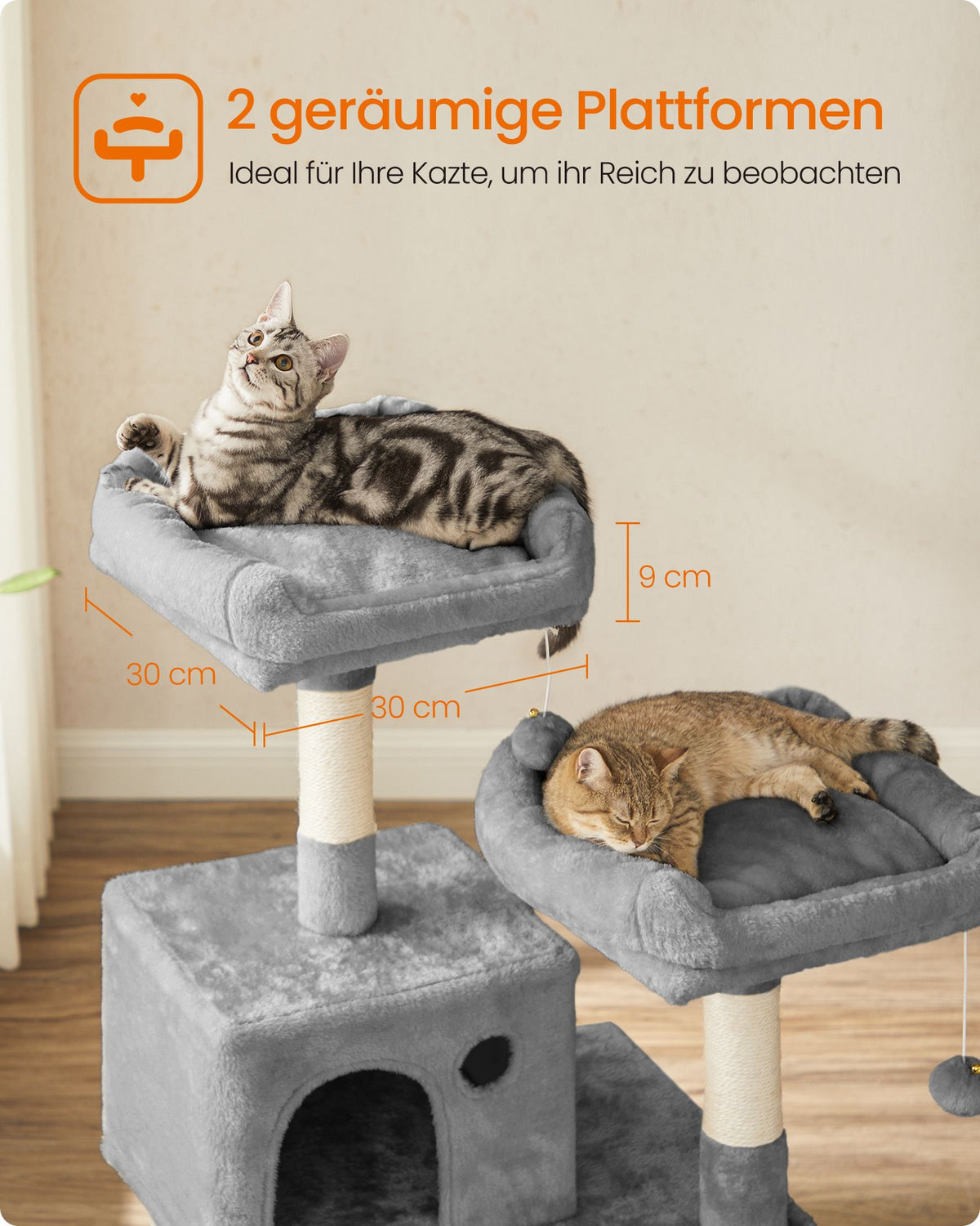 Katzenkratzbaum mit Hängematte und Aussichtsplattformen – Komfortabler und stabiler Kratzturm für 1 bis 2 Katzen
