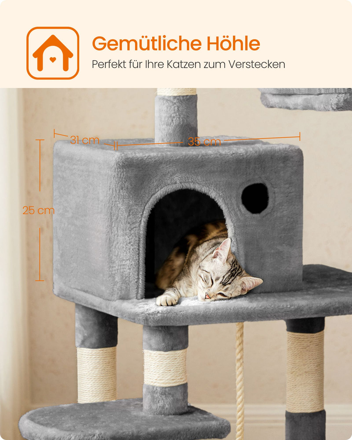 Katzenkratzbaum mit Hängematte und Aussichtsplattformen – Komfortabler und stabiler Kratzturm für 1 bis 2 Katzen