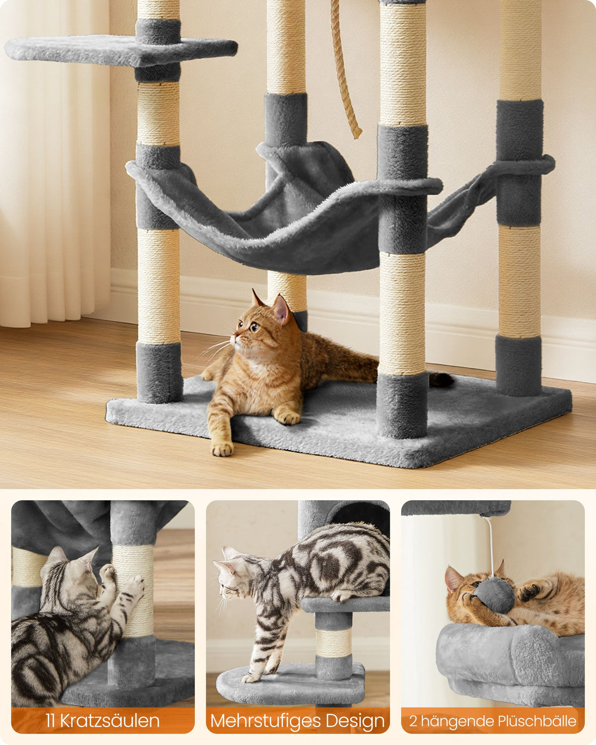 Katzenkratzbaum mit Hängematte und Aussichtsplattformen – Komfortabler und stabiler Kratzturm für 1 bis 2 Katzen