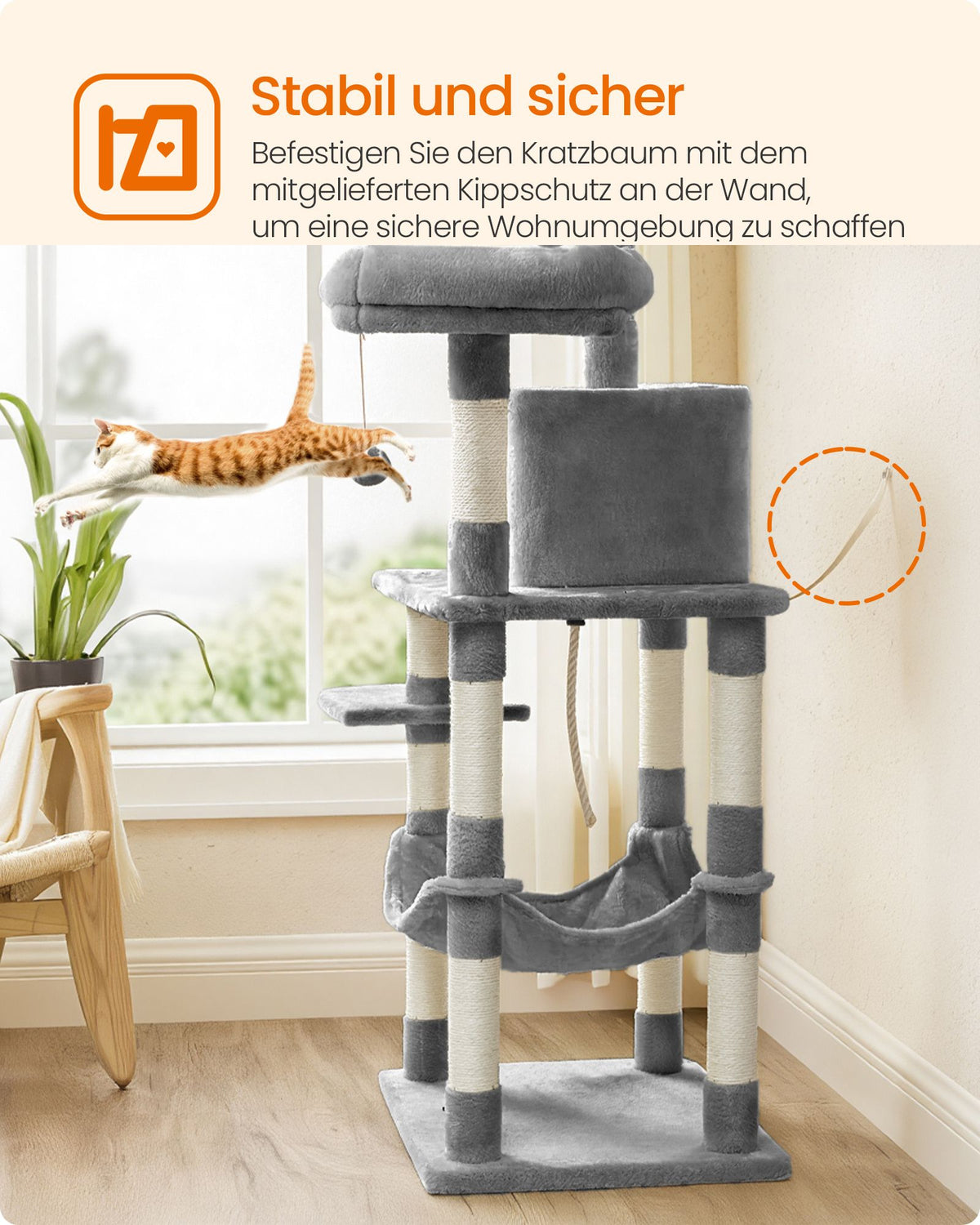 Katzenkratzbaum mit Hängematte und Aussichtsplattformen – Komfortabler und stabiler Kratzturm für 1 bis 2 Katzen
