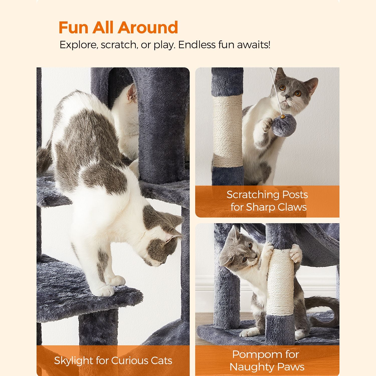 Katzenkratzbaum – Mit Hängematte, Kuschelhöhle und Spielball – 143 cm hoch – Für 1-4 Katzen
