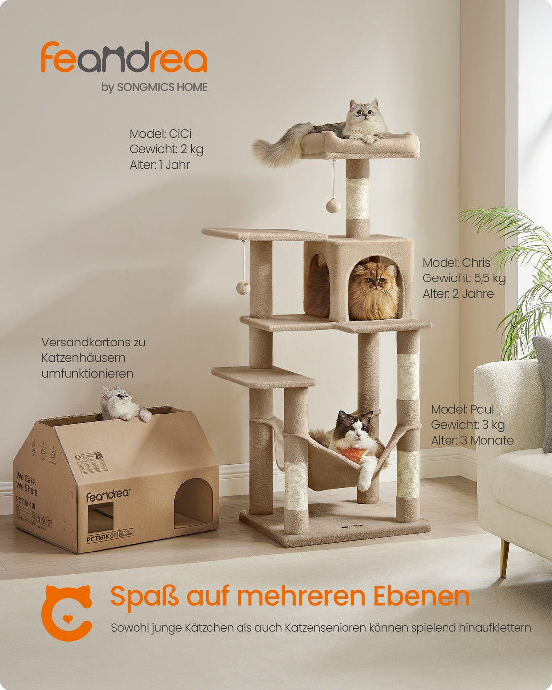 Katzenkratzbaum – Mit Hängematte, Kuschelhöhle und Spielball – 143 cm hoch – Für 1-4 Katzen