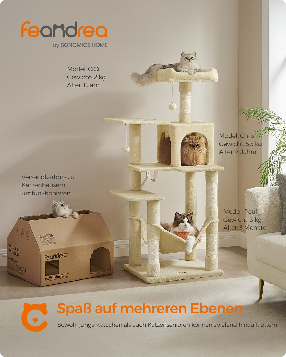 Katzenkratzbaum – Mit Hängematte, Kuschelhöhle und Spielball – 143 cm hoch – Für 1-4 Katzen