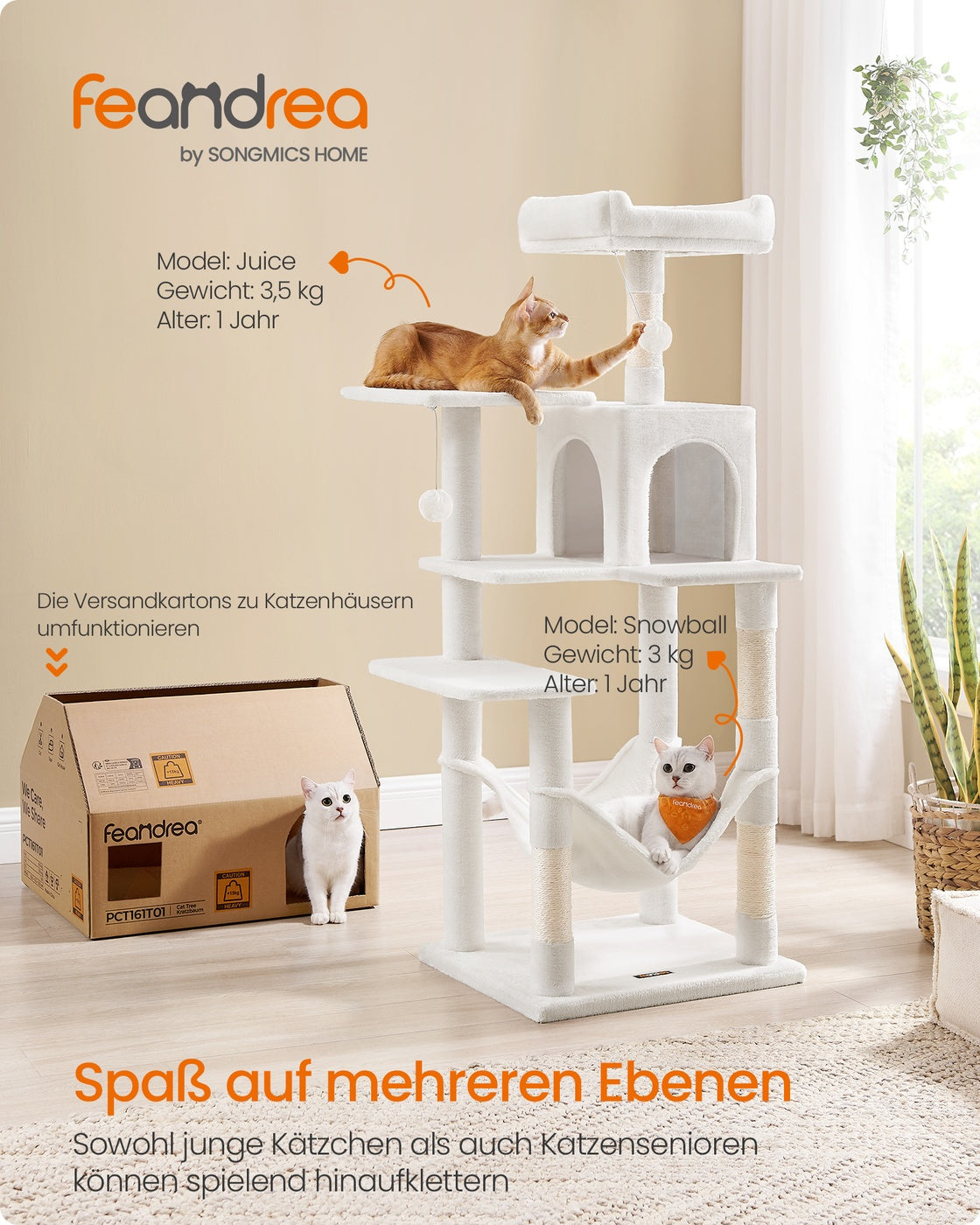 Katzenkratzbaum – Mit Hängematte, Kuschelhöhle und Spielball – 143 cm hoch – Für 1-4 Katzen