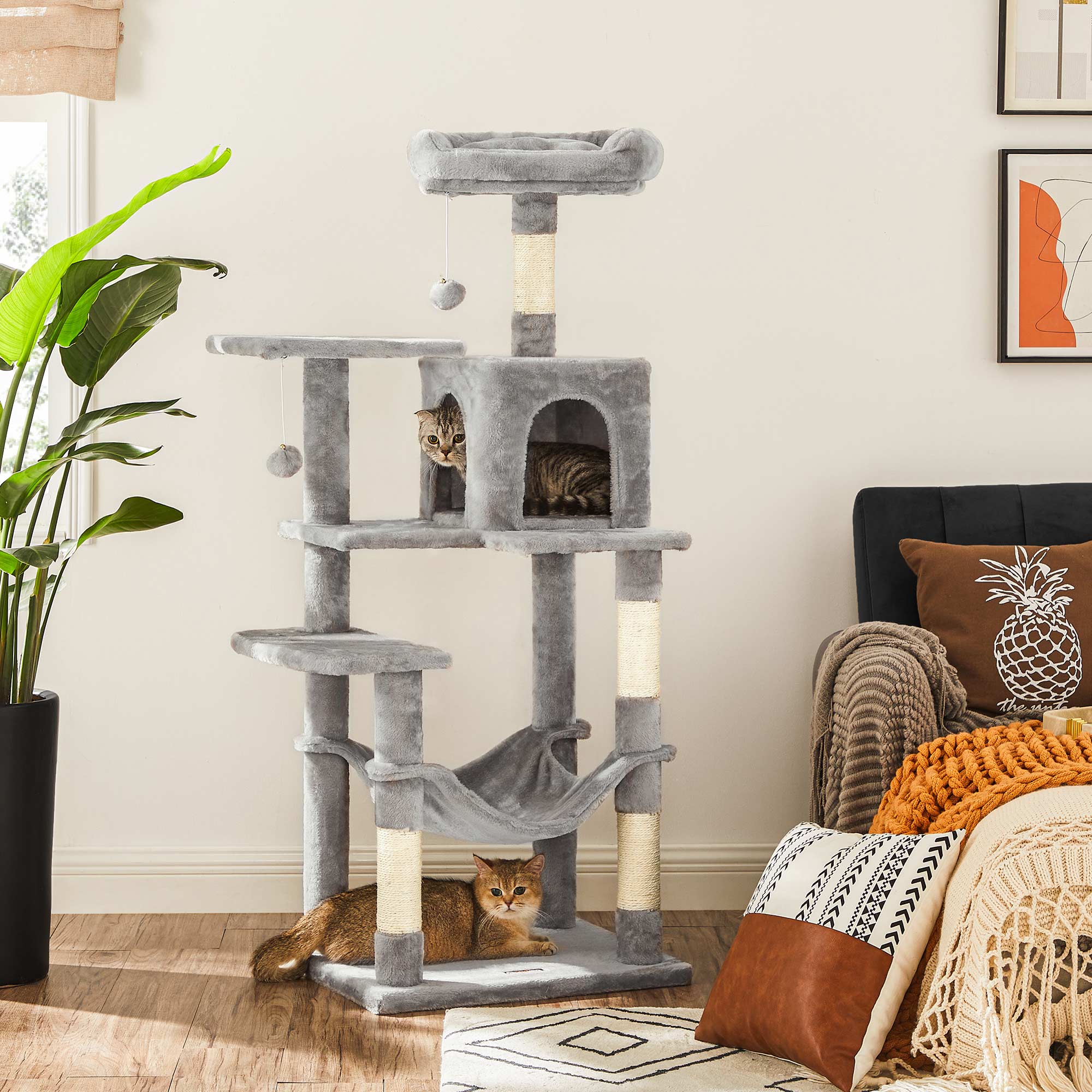 Katzenkratzbaum – Mit Hängematte, Kuschelhöhle und Spielball – 143 cm hoch – Für 1-4 Katzen