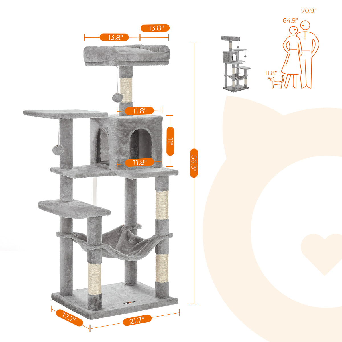 Katzenkratzbaum – Mit Hängematte, Kuschelhöhle und Spielball – 143 cm hoch – Für 1-4 Katzen