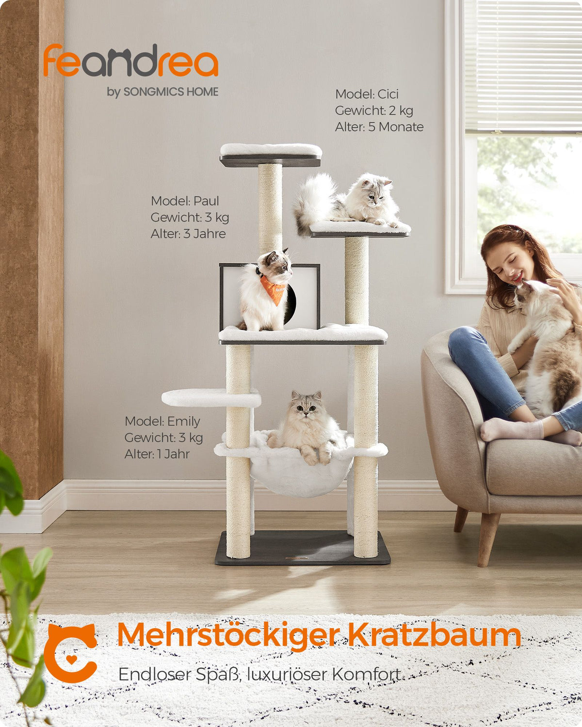Katzenkratzbaum mit Hängematte und Katzenhaus – Modernes Design in Grau und Weiß – Komfortables und langlebiges Spielparadies