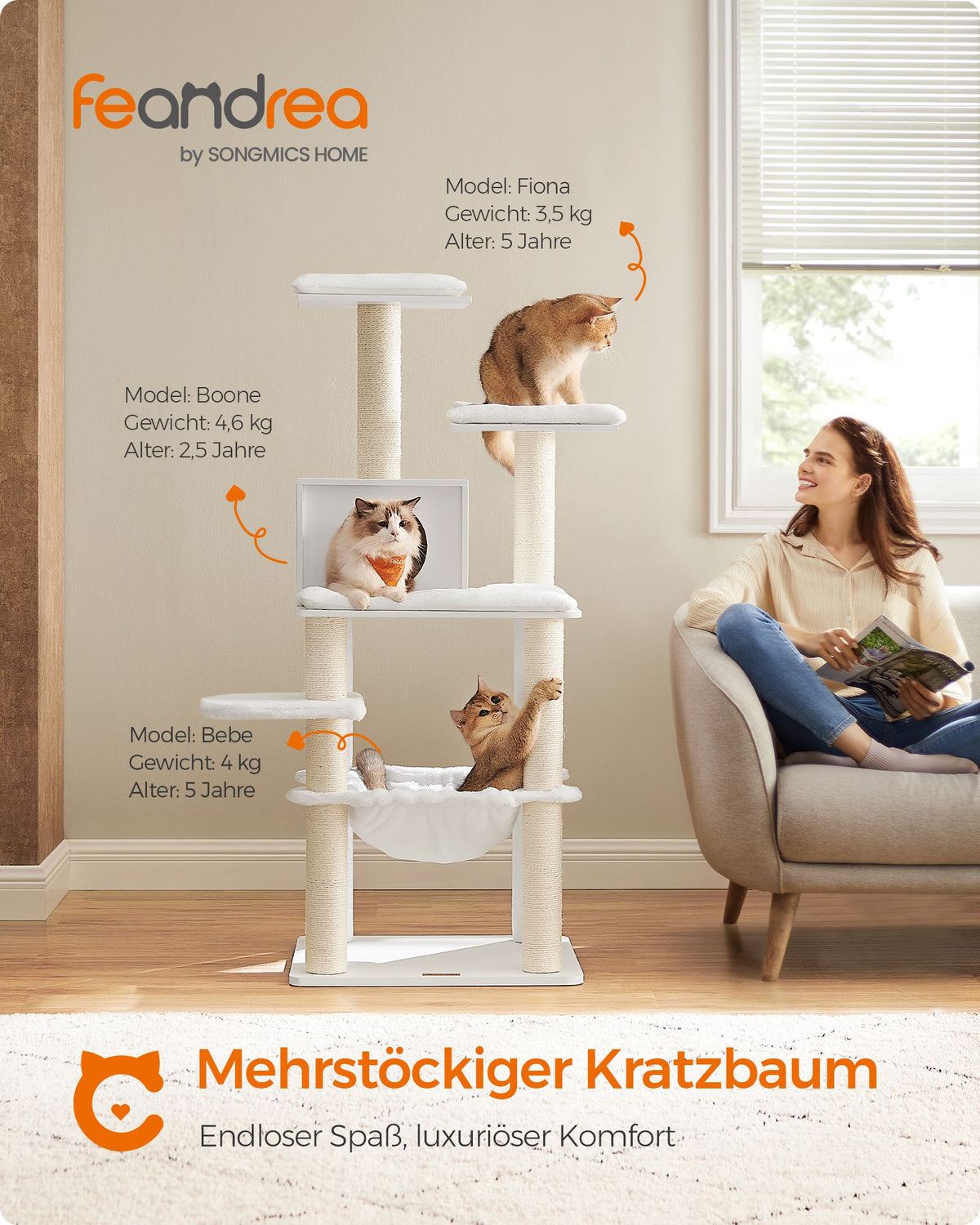 Katzenkratzbaum mit Hängematte und Katzenhaus – Modernes Design in Grau und Weiß – Komfortables und langlebiges Spielparadies