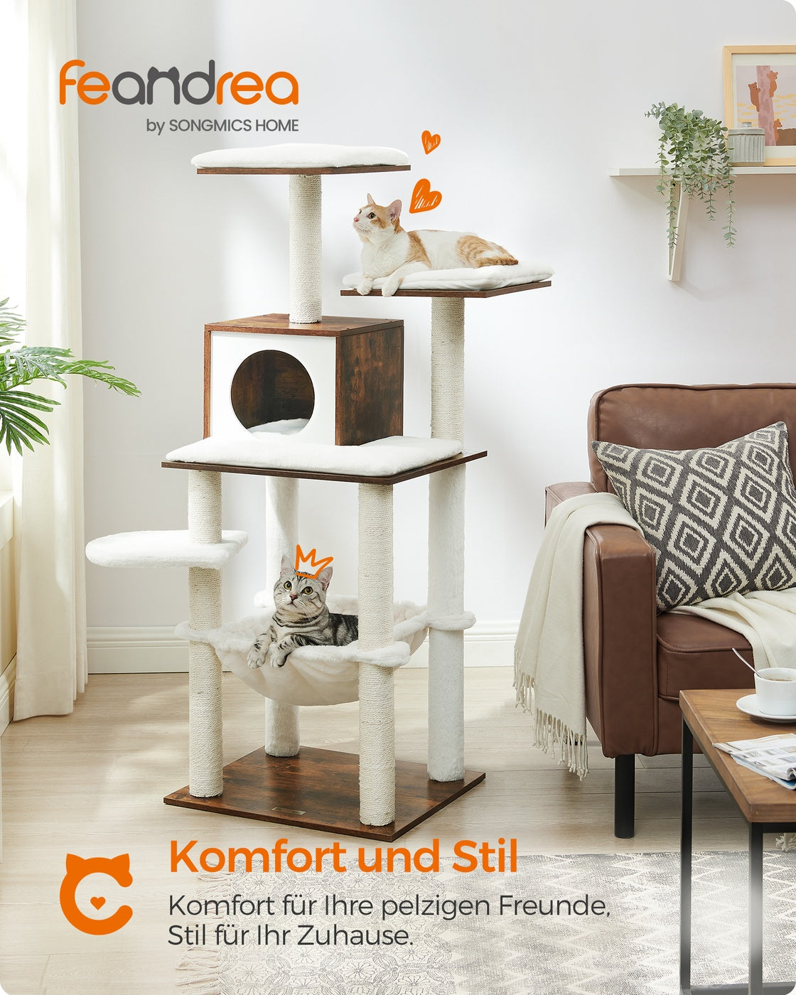 Katzenkratzbaum mit Hängematte und Katzenhaus – Modernes Design in Grau und Weiß – Komfortables und langlebiges Spielparadies