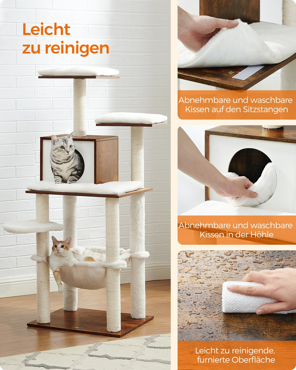 Katzenkratzbaum mit Hängematte und Katzenhaus – Modernes Design in Grau und Weiß – Komfortables und langlebiges Spielparadies