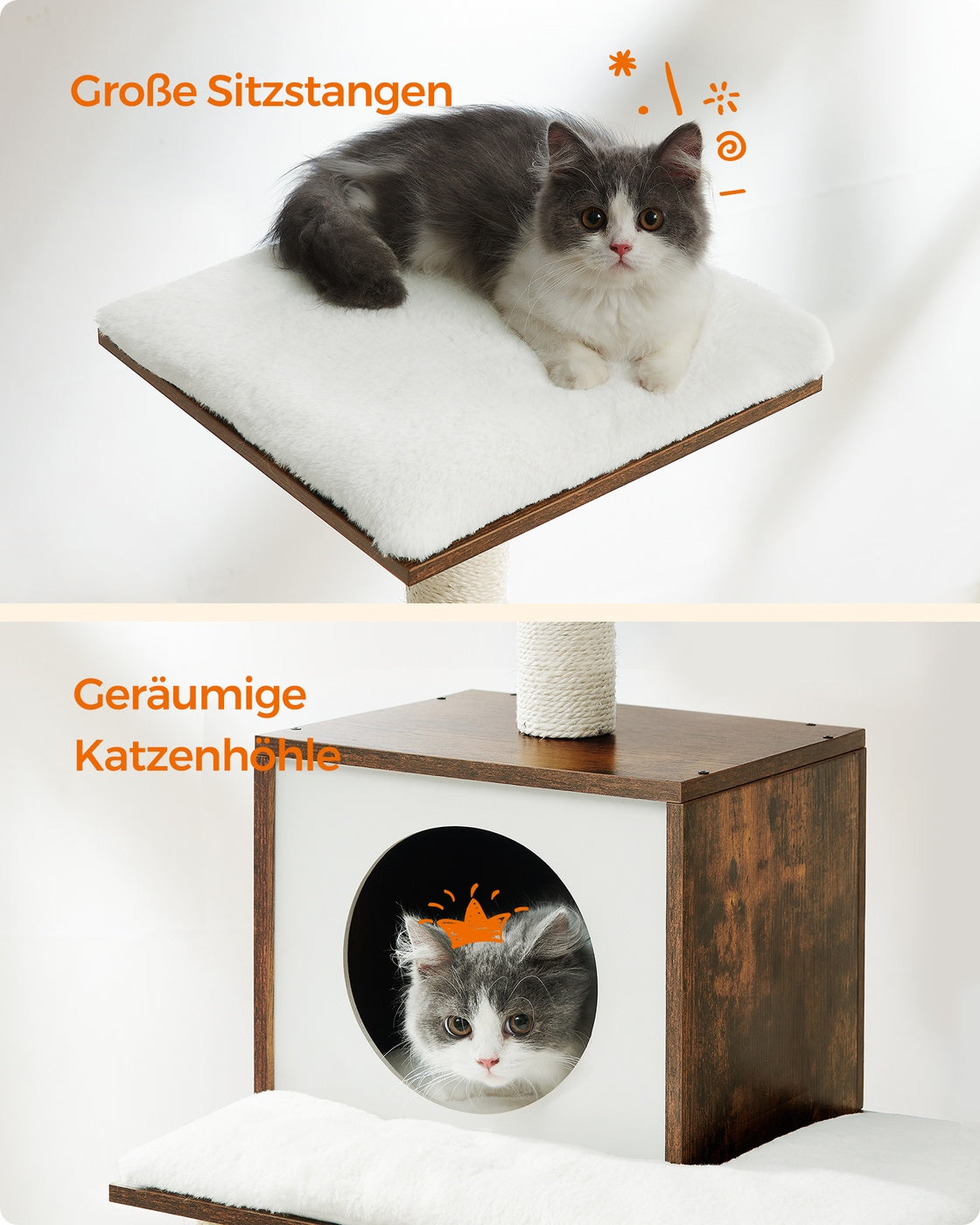 Katzenkratzbaum mit Hängematte und Katzenhaus – Modernes Design in Grau und Weiß – Komfortables und langlebiges Spielparadies