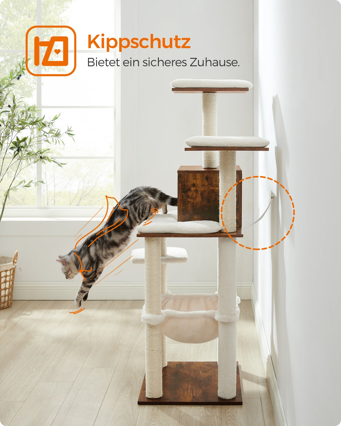 Katzenkratzbaum mit Hängematte und Katzenhaus – Modernes Design in Grau und Weiß – Komfortables und langlebiges Spielparadies
