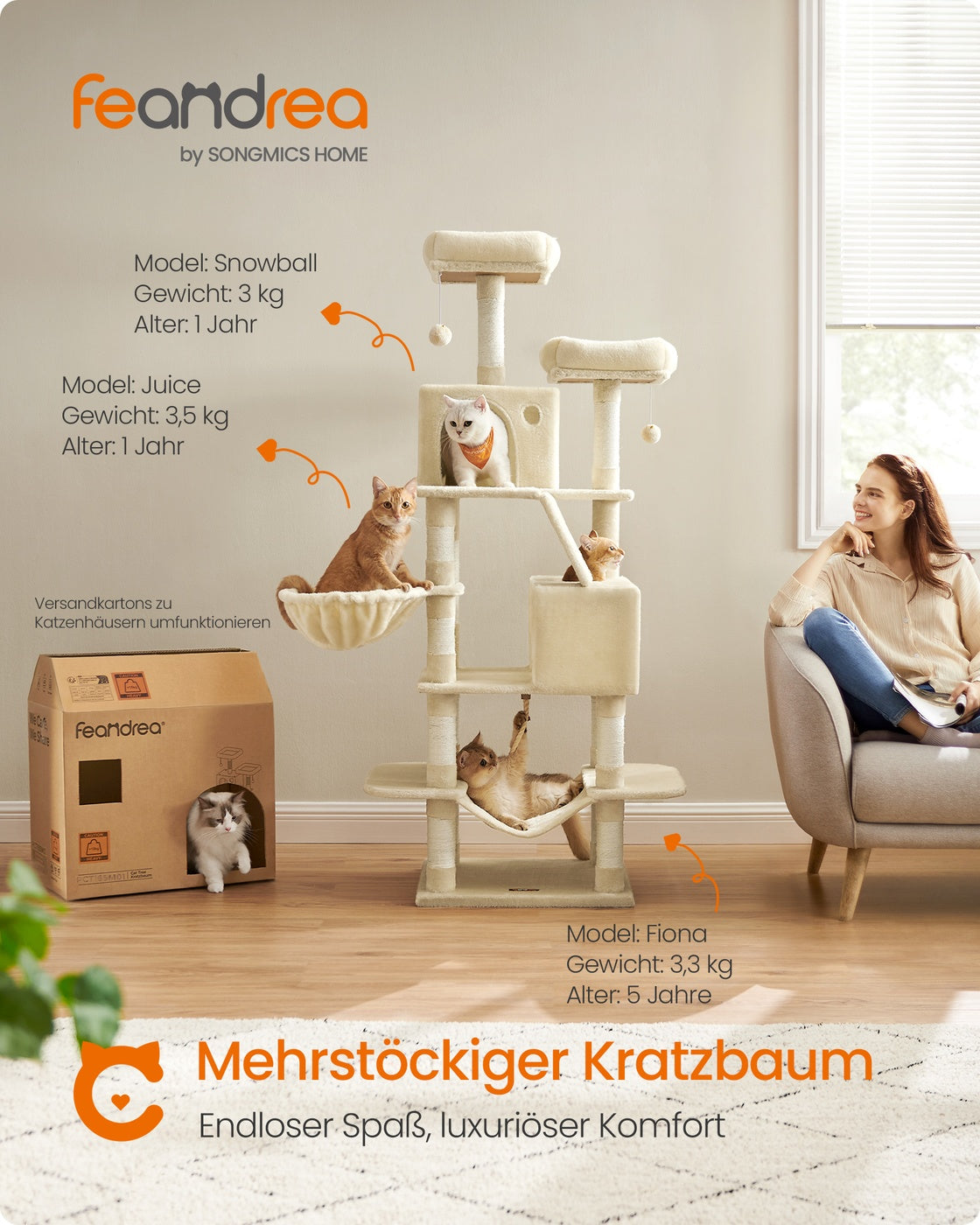 Luxuriöser Katzenbaum 168 cm - Mehrstöckiger Katzenbaum mit Kratzstämmen, Hängematte und Katzenhaus für große Katzen