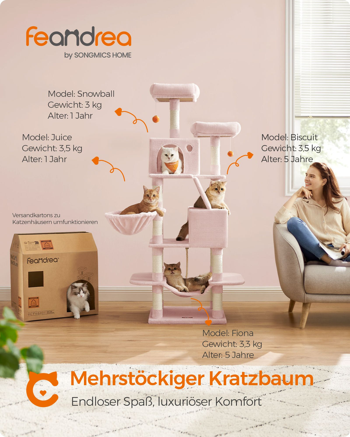 Luxuriöser Katzenbaum 168 cm - Mehrstöckiger Katzenbaum mit Kratzstämmen, Hängematte und Katzenhaus für große Katzen