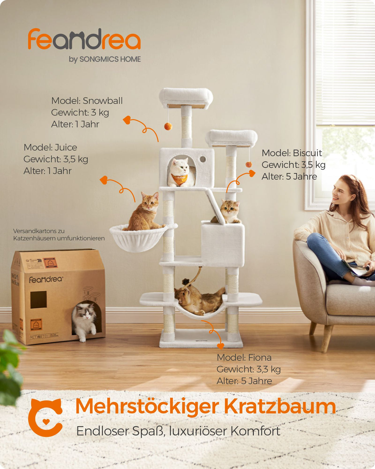Luxuriöser Katzenbaum 168 cm - Mehrstöckiger Katzenbaum mit Kratzstämmen, Hängematte und Katzenhaus für große Katzen