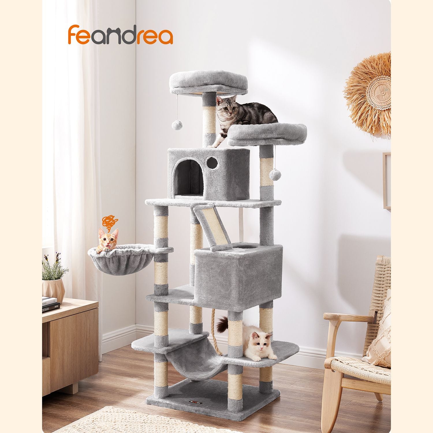 Luxuriöser Katzenbaum 168 cm - Mehrstöckiger Katzenbaum mit Kratzstämmen, Hängematte und Katzenhaus für große Katzen