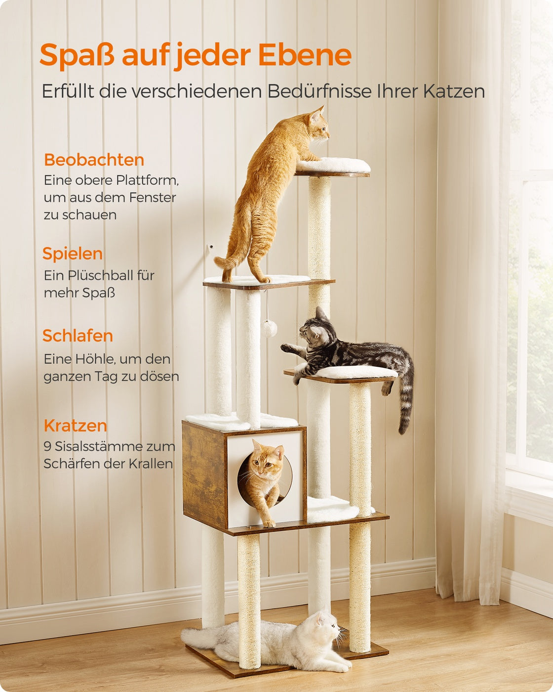 Moderner Katzenbaum 165 cm – Stilvolles Katzenmöbel mit weichen Kissen, Kratzstämmen und abnehmbaren Bezügen