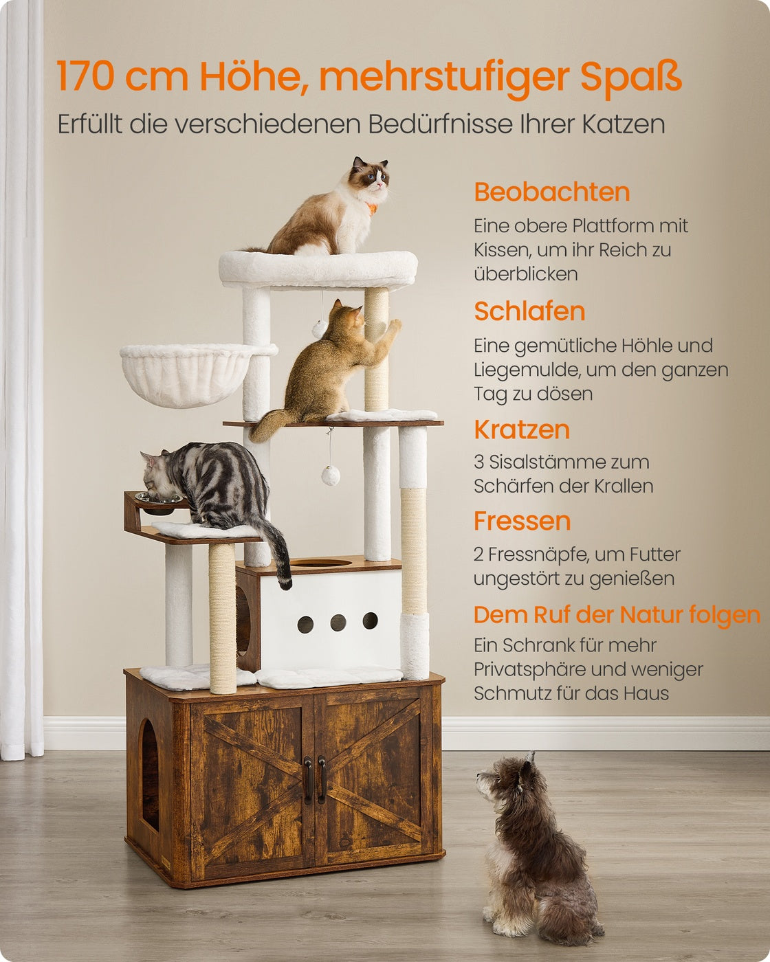 Katzenkratzbaum 170 cm – Großer Kratzbaum mit Katzenhaus – Erhöhte Futternäpfe & Stauraum