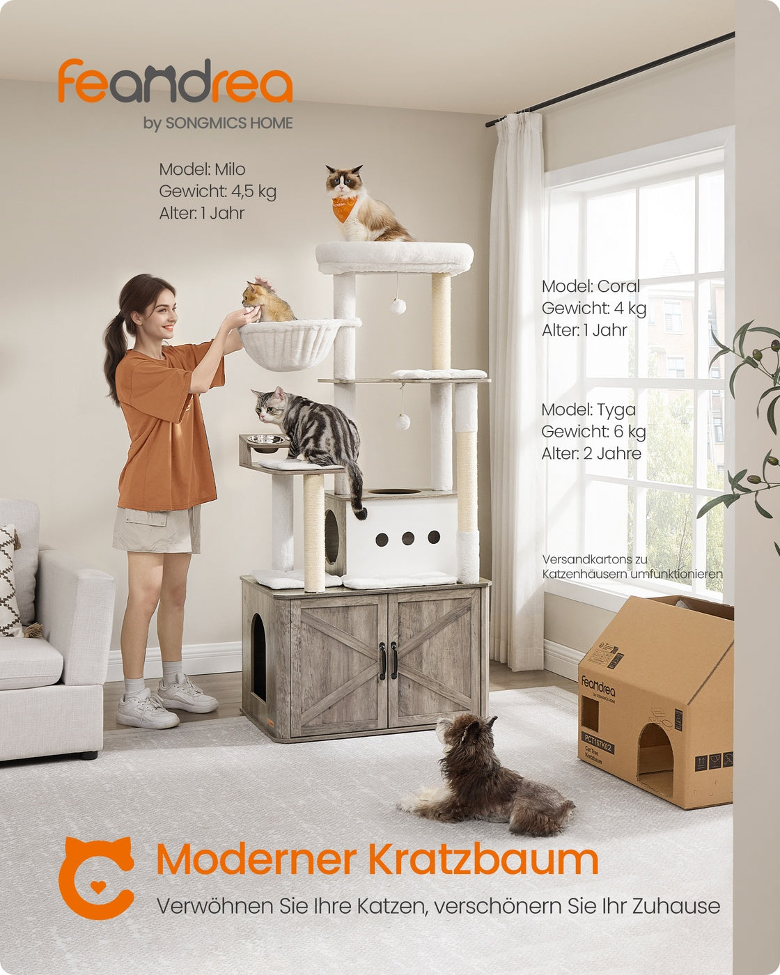 Katzenkratzbaum 170 cm – Großer Kratzbaum mit Katzenhaus – Erhöhte Futternäpfe & Stauraum