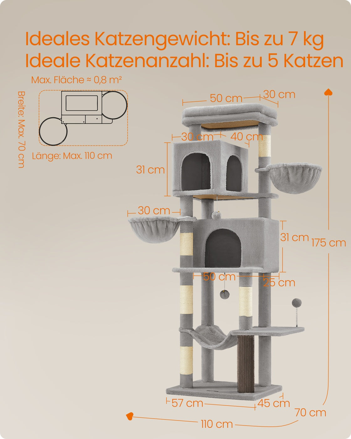 Luxus-Kratzbaum Mit Mehreren Etagen – Komfortables Katzenhaus Mit Hängematte, Kratzstämmen und Spielzubehör