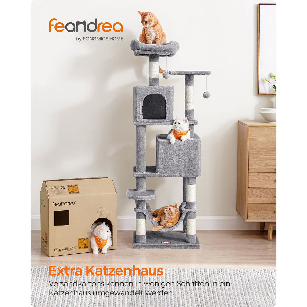 Katzenturm mit 2 Höhlen und Kratzbäumen – 155 cm hoch – Mehrstöckiges Spielhaus für mehrere Katzen