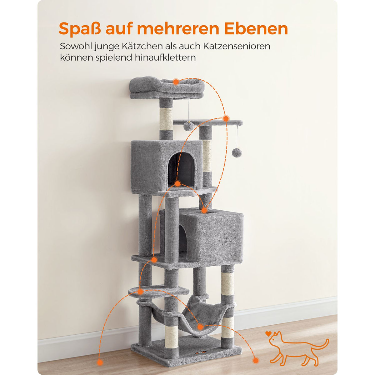 Katzenturm mit 2 Höhlen und Kratzbäumen – 155 cm hoch – Mehrstöckiges Spielhaus für mehrere Katzen