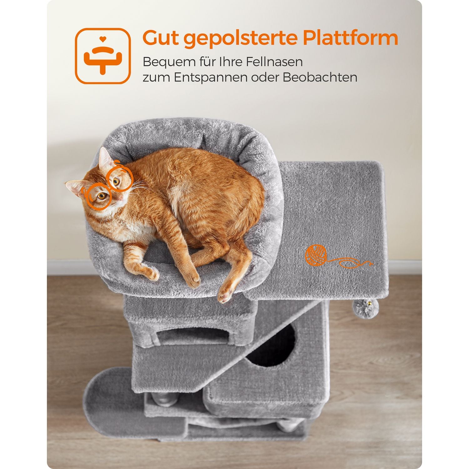 Katzenturm mit 2 Höhlen und Kratzbäumen – 155 cm hoch – Mehrstöckiges Spielhaus für mehrere Katzen
