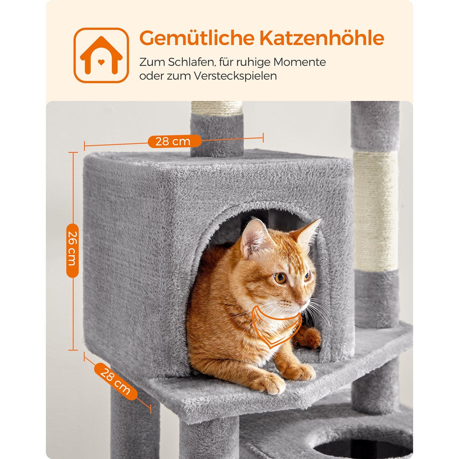 Katzenturm mit 2 Höhlen und Kratzbäumen – 155 cm hoch – Mehrstöckiges Spielhaus für mehrere Katzen