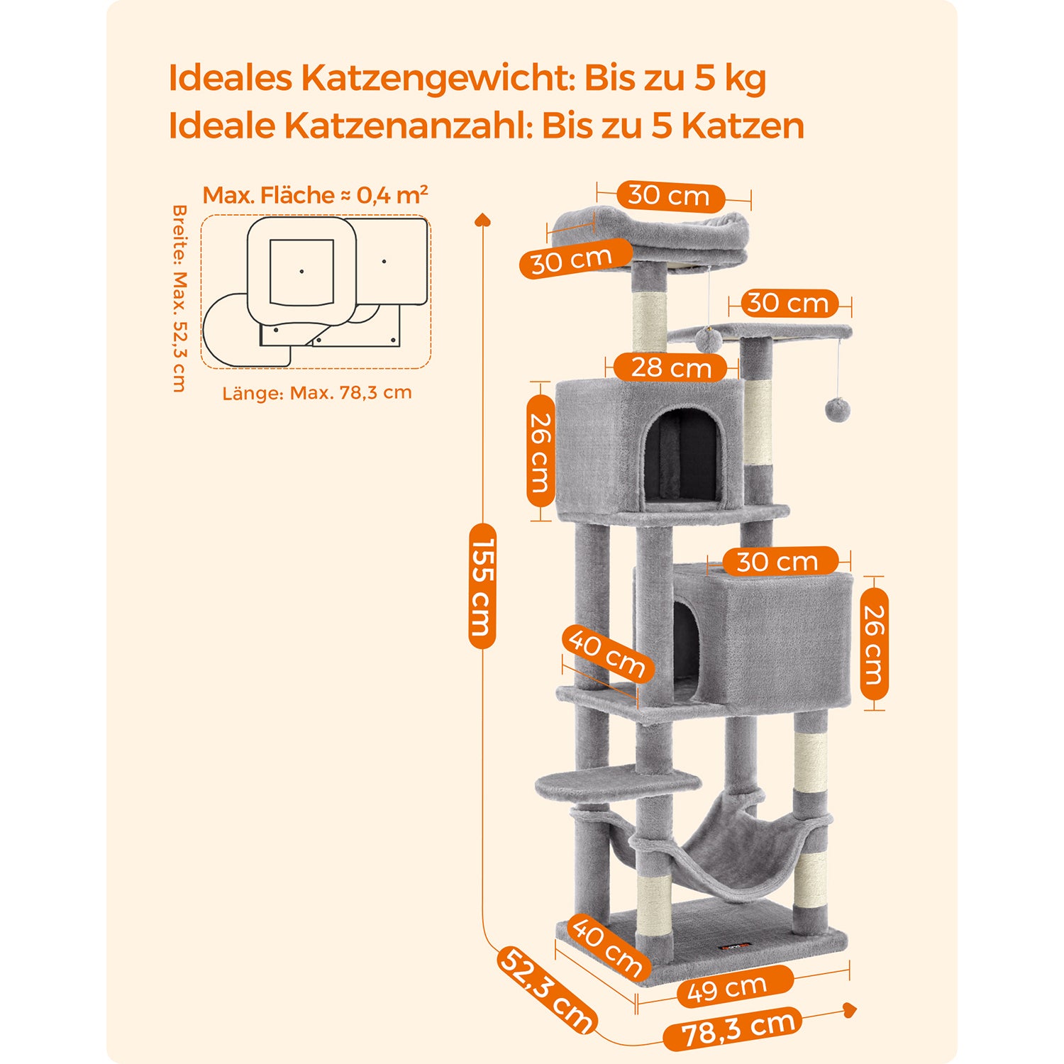 Katzenturm mit 2 Höhlen und Kratzbäumen – 155 cm hoch – Mehrstöckiges Spielhaus für mehrere Katzen