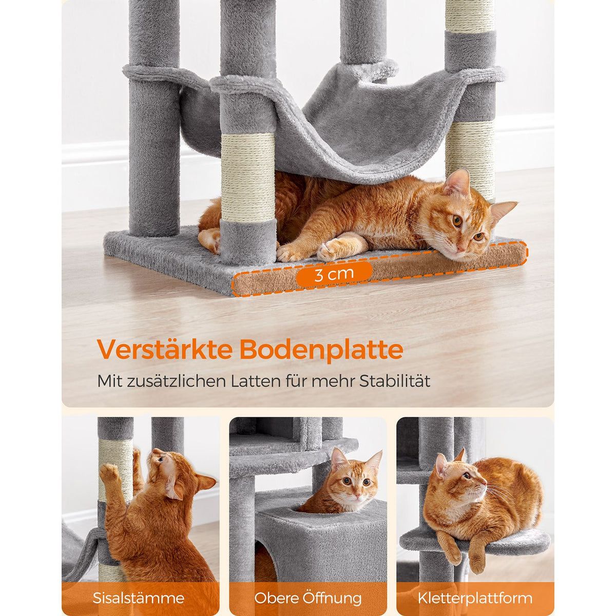Katzenturm mit 2 Höhlen und Kratzbäumen – 155 cm hoch – Mehrstöckiges Spielhaus für mehrere Katzen