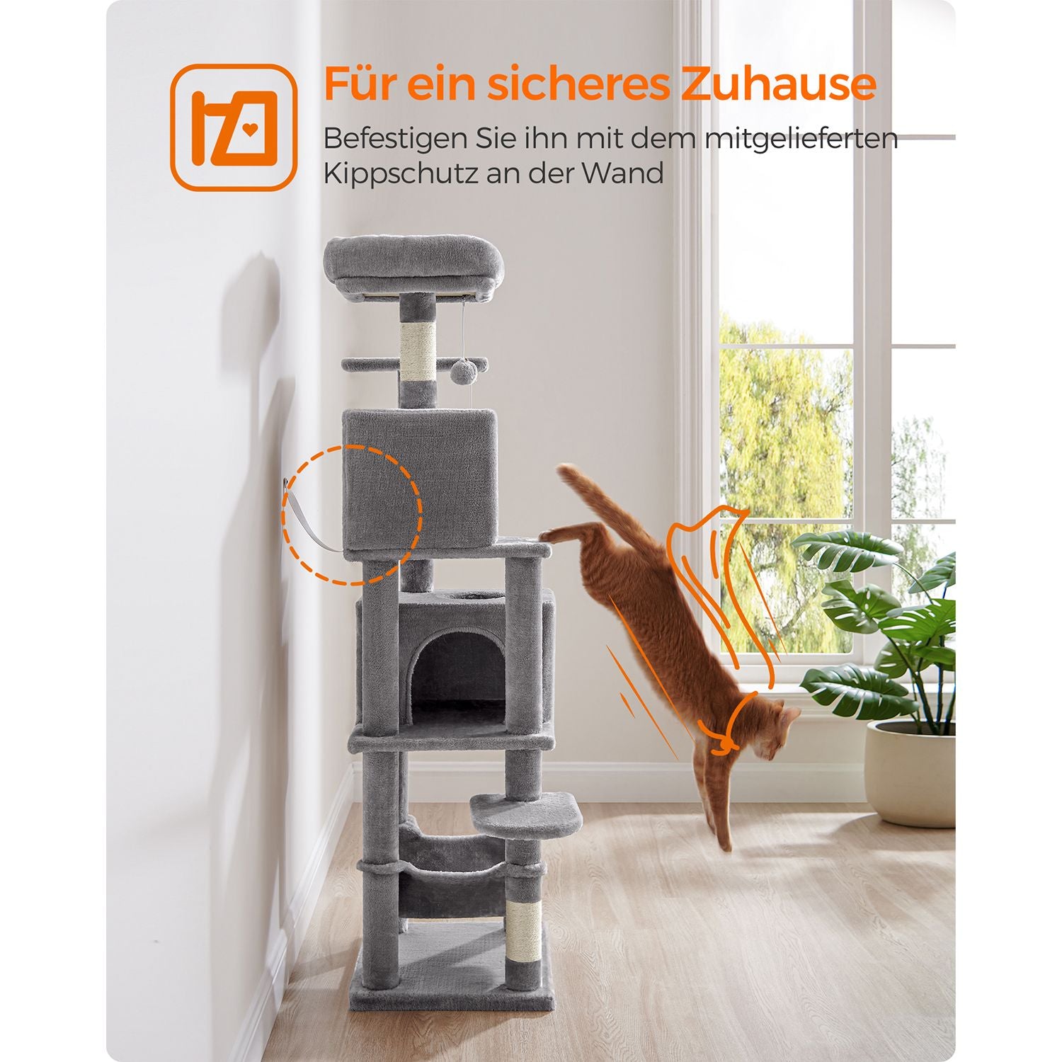 Katzenturm mit 2 Höhlen und Kratzbäumen – 155 cm hoch – Mehrstöckiges Spielhaus für mehrere Katzen