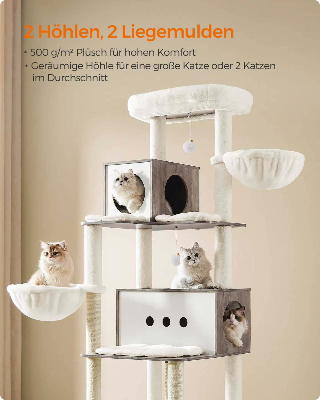 XXL-Katzenkratzbaum – Luxuriöser Kratzturm für mehrere Katzen mit Tunnel, Hängekörben und Spielbällen